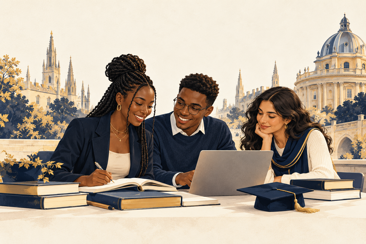 Illustration of international students learning together with books and a laptop